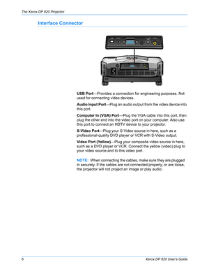 Page 11The Xerox DP 820 Projector
6Xerox DP 820 User’s Guide
Interface Connector
USB Port—Provides a connection for engineering purposes. Not 
used for connecting video devices.
Audio Input Port—Plug an audio output from the video device into 
this port.
Computer In (VGA) Port—Plug the VGA cable into this port, then 
plug the other end into the video port on your computer. Also use 
this port to connect an HDTV device to your projector.
S-Video Port—Plug your S-Video source in here, such as a...
