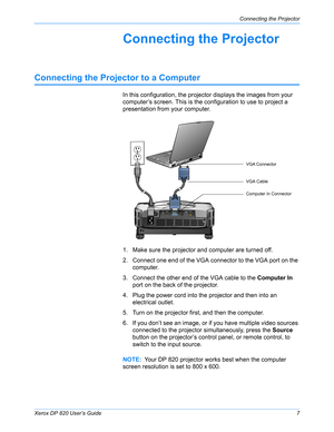 Page 12Xerox DP 820 User’s Guide7
Connecting the Projector
Connecting the Projector
Connecting the Projector to a Computer
In this configuration, the projector displays the images from your 
computer’s screen. This is the configuration to use to project a 
presentation from your computer.
1. Make sure the projector and computer are turned off.
2. Connect one end of the VGA connector to the VGA port on the 
computer.
3. Connect the other end of the VGA cable to the Computer In 
port on the back of the...