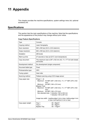 Page 119Xerox WorkCentre 5016/5020 User Guide 119
11 Appendix
This chapter provides the machine specifications, system settings menu list, optional 
accessory list.
Specifications
This section lists the main specifications of the machine. Note that the specifications 
and the appearance of the product may change without prior notice.
Copy Feature Specifications
Type Console
Copying method Laser Xerography
Scan resolution 600 x 600 dpi (23.6 x 23.6 dots/mm)
Output resolution 600 x 600 dpi (23.6 x 23.6 dots/mm)...