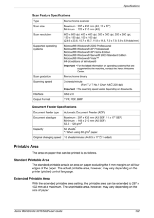 Page 122Specifications 
Xerox WorkCentre 5016/5020 User Guide 122
Scan Feature Specifications
Document Feeder Specifications
Printable Area
The area on paper that can be printed is as follows.
Standard Printable Area
The standard printable area is an area on paper excluding the 4 mm margins on all four 
edges of the paper. The actual printable area, however, may vary depending on the 
printer (plotter) control language. 
Extended Printable Area
With the extended printable area setting, the printable area can be...