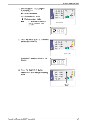 Page 67Account Mode Overview 
Xerox WorkCentre 5016/5020 User Guide 67
4.Enter the desired value using the 
numeric keypad.
• 0 - No Account Mode
• 1 - Single Account Mode
• 2 - Multiple Account Mode
Note • 2 (Multiple Account Mode) is 
used as an example in this 
procedure.
5.Press the  button to confirm the 
entered account mode. 
The letter [P] appears blinking in the 
Display.
6.Press the  button.
The machine exits the System Setting 
Mode.
Numeric keys
 button
 
button 