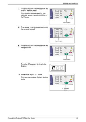 Page 73Multiple Account Mode 
Xerox WorkCentre 5016/5020 User Guide 73
7.Press the  button to confirm the 
entered menu number.
The currently-set password for that 
particular account appears blinking in 
the Display.
8.Enter a new three-digit password using 
the numeric keypad.
9.Press the  button to confirm the 
new password. 
The letter [P] appears blinking in the 
Display.
10.Press the  button.
The machine exits the System Setting 
Mode.
 button
Numeric keys
 button
 
button 