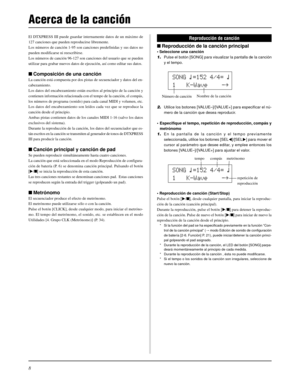 Page 1288
El DTXPRESS III puede guardar internamente datos de un máximo de
127 canciones que pueden reproducirse libremente.
Los números de canción 1-95 son canciones predefinidas y sus datos no
pueden modificarse ni reescribirse.
Los números de canción 96-127 son canciones del usuario que se pueden
utilizar para grabar nuevos datos de ejecución, así como editar sus datos.
Composición de una canción
La canción está compuesta por dos pistas de secuenciador y datos del en-
cabezamiento.
Los datos del...