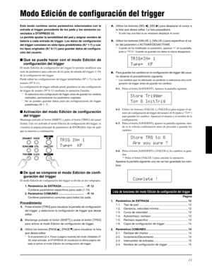 Page 13111
Este modo contiene varios parámetros relacionados con la
entrada al trigger procedente de los pads y los sensores co-
nectados a DTXPRESS III.
Le permite ajustar la sensibilidad del pad y asignar sonidos de
batería a cada entrada de trigger. Los datos de configuración
del trigger consisten en siete tipos predefinidos (N.º 1-7) y cua-
tro tipos originales (N.º 8-11) para guardar datos de configura-
ción del usuario.
Qué se puede hacer con el modo Edición de
configuración del trigger
El modo Edición de...