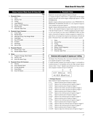 Page 17717
Modo Drum Kit Voice Edit
Elenco Funzioni Modo Drum Kit Voice Edit
Pag
1. Parametri Voice ............................................................ 17
1-1. Voice ..................................................................... 18
1-2. Volume, Pan ........................................................ 18
1-3. Tuning ................................................................... 18
1-4. Layer Balance ....................................................... 19
1-5. Decay, Cutoff Frequency...