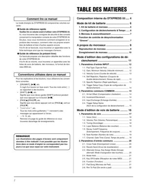 Page 422
TABLE DES MATIERES
Composition interne du DTXPRESS III .....4
Mode de kit de batterie ............................... 6
1. Kit de batterie et morceau .................................... 6
2. Configuration de déclenchements & Tempo ...... 6
3. Morceau & assourdissement ............................... 7
Fonction de contrôle de désynchronisation
“Groove” .................................................................... 7
A propos du morceaux ............................... 8
Reproduction de morceau...