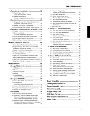 Page 433
3. Paramètre de réverbération ............................... 22
3-1. Reverb Type, Time
(Type de réverbération, Temps) ............................. 22
3-2. Reverb Master Return
(Retour principal de la réverbération) .................... 22
4. Configuration ...................................................... 23
4-1. Program Change, Bank Select (Changement de
programme, sélection de banque) ......................... 23
4-2. Volume, Pan (Volume, Panoramique) .................... 23
4-3. Drum Kit Voice...