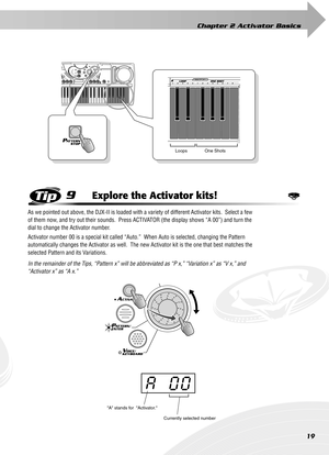 Page 19Chapter 2 Activator Basics
19
9Explore the Activator kits!
As we pointed out above, the DJX-II is loaded with a variety of different Activator kits.  Select a few 
of them now, and try out their sounds.  Press ACTIVATOR (the display shows “A 00”) and turn the 
dial to change the Activator number.
Activator number 00 is a special kit called “Auto.”  When Auto is selected, changing the Pattern 
automatically changes the Activator as well.  The new Activator kit is the one that best matches the 
selected...