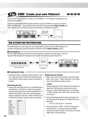 Page 7272
100Create your own Patterns!
Roll your own!  Yes, you can even create your own Patterns — for mangling, mucking about, and 
mashing on the DJX-II!
Simply use a conventional MIDI sequencer software (such as XG Works) to record your original 
Patterns as MIDI data — then import the data to the DJX-II using the special 
Pattern Launcher soft-
ware.  Data for up to ﬁve Patterns (maximum of 85 KB) can be loaded to the DJX-II.  
How to Create Your Own Pattern Data
As mentioned above, you can create your own...