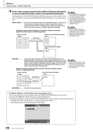 Page 110Voice Creator—Custom Voice Edit
Reference
110Tyros2 Owner’s Manual
9At the “Save” prompt, press the [ALL DATA] LCD button ([F] button) 
to save all selected Custom voices to the speciﬁed destination.
Alternately, press the [ALIAS] LCD button ([G] button) to save an Alias marker for the 
data (see below), or press the [CANCEL] LCD button ([H] button) to cancel the opera-
tion.
● ALL DATA........ Saves all of the selected data to the speciﬁed location. In this opera-
tion, two kinds of data are saved—that...