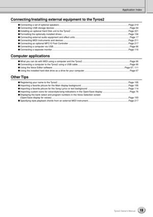 Page 13Application Index
13Tyros2 Owner’s Manual
Connecting/Installing external equipment to the Tyros2
●Connecting a set of optional speakers............................................................................................................Page 219
●Connecting USB storage devices .....................................................................................................................Page 64
●Installing an optional Hard Disk unit to the Tyros2...