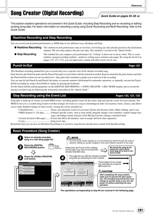 Page 121Reference
121Tyros2 Owner’s Manual
Song Creator (Digital Recording)
This section explains operations not covered in the Quick Guide, including Step Recording and re-recording or editing 
existing song data. For basic information on recording a song using Quick Recording and Multi Recording, refer to the 
Quick Guide.
You can record your keyboard performance as MIDI data in two different ways: Realtime and Step.
● Realtime RecordingThis method records performance data in real time, overwriting any data...