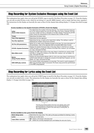 Page 133Song Creator (Digital Recording)
Reference
133Tyros2 Owner’s Manual
Step Recording for System Exclusive Messages using the Event List
The explanations here apply when you call up the SYS/EX. page in step #4 of the Basic Procedure on page 121. From this display,
you can edit recorded System events which do not belong to a speciﬁc MIDI channel, such as tempo and beat (time signature).
The instructions for this display are basically the same as those for the channel data editing display (1-16 page)...