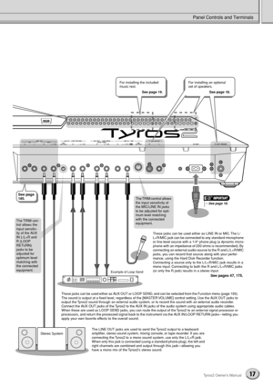 Page 17Panel Controls and Terminals
17Tyros2 Owner’s Manual
 
For installing the included 
music rest.
See page 19.For installing an optional 
set of speakers.
See page 18.
See page 185.
The TRIM  con-
trol allows the 
input sensitiv-
ity of the AUX 
IN L/L+R and 
R (LOOP 
RETURN) 
jacks to be 
adjusted for 
optimum level 
matching with 
the connected 
equipment. The TRIM control allows 
the input sensitivity of 
the MIC/LINE IN jacks 
to be adjusted for opti-
mum level matching 
with the connected 
equipment....