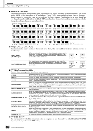 Page 166Style Creator (Digital Recording)
Reference
166Tyros2 Owner’s Manual
● SOURCE ROOT/CHORD
These settings determine the original key of the source pattern (i.e., the key used when recording the pattern). The default 
setting of CM7 (with a Source Root of “C” and a Source Type of “M7”), is automatically selected whenever the preset 
data is deleted prior to recording a new style, regardless of the Source Root and Chord included in the preset data. When 
you change Source Root / Chord from the default CM7 to...