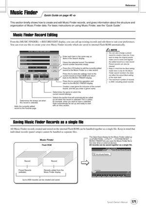 Page 171Reference
171Tyros2 Owner’s Manual
Quick Guide on page 40Music Finder
This section brieﬂy shows how to create and edit Music Finder records, and gives information about the structure and 
organization of Music Finder data. For basic instructions on using Music Finder, see the “Quick Guide.”
Music Finder Record Editing
From the [MUSIC FINDER] → RECORD EDIT display, you can call up existing records and edit them to suit your preferences. 
You can even use this to create your own Music Finder records which...