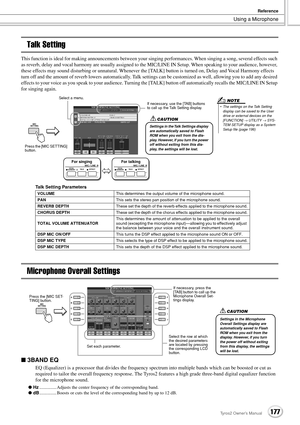 Page 177Using a Microphone
Reference
177Tyros2 Owner’s Manual
Talk Setting
This function is ideal for making announcements between your singing performances. When singing a song, several effects such 
as reverb, delay and vocal harmony are usually assigned to the MIC/LINE IN Setup. When speaking to your audience, however, 
these effects may sound disturbing or unnatural. Whenever the [TALK] button is turned on, Delay and Vocal Harmony effects 
turn off and the amount of reverb lowers automatically. Talk settings...