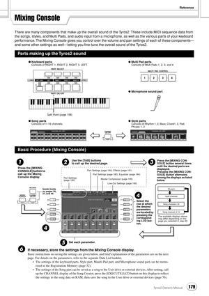 Page 179Reference
179Tyros2 Owner’s Manual
Mixing Console
There are many components that make up the overall sound of the Tyros2. These include MIDI sequence data from 
the songs, styles, and Multi Pads, and audio input from a microphone, as well as the various parts of your keyboard 
performance. The Mixing Console gives you control over the volume and pan settings of each of these components—
and some other settings as well—letting you ﬁne-tune the overall sound of the Tyros2.
If necessary, store the settings...