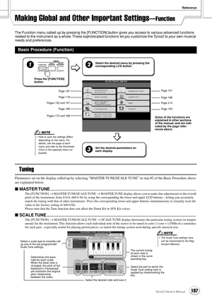 Page 187Reference
187Tyros2 Owner’s Manual
Making Global and Other Important Settings—Function
The Function menu called up by pressing the [FUNCTION] button gives you access to various advanced functions 
related to the instrument as a whole. These sophisticated functions let you customize the Tyros2 to your own musical 
needs and preferences.
Tuning
Parameters set on the display called up by selecting “MASTER TUNE/SCALE TUNE” in step #2 of the Basic Procedure above 
are explained below. 
■ MASTER...