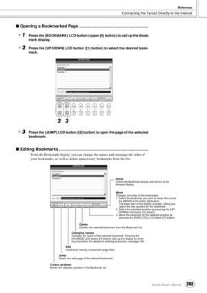 Page 203Connecting the Tyros2 Directly to the Internet
Reference
203Tyros2 Owner’s Manual
■ Opening a Bookmarked Page ............................................................
1Press the [BOOKMARK] LCD button (upper [6] button) to call up the Book-
mark display. 
2Press the [UP/DOWN] LCD button ([1] button) to select the desired book-
mark.
3Press the [JUMP] LCD button ([2] button) to open the page of the selected 
bookmark. 
■ Editing Bookmarks...