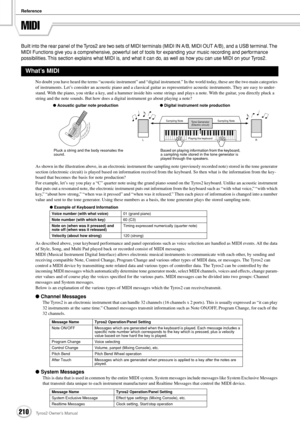 Page 210Reference
210Tyros2 Owner’s Manual
MIDI
Built into the rear panel of the Tyros2 are two sets of MIDI terminals (MIDI IN A/B, MIDI OUT A/B), and a USB terminal. The 
MIDI Functions give you a comprehensive, powerful set of tools for expanding your music recording and performance 
possibilities. This section explains what MIDI is, and what it can do, as well as how you can use MIDI on your Tyros2.
No doubt you have heard the terms “acoustic instrument” and “digital instrument.” In the world today, these...