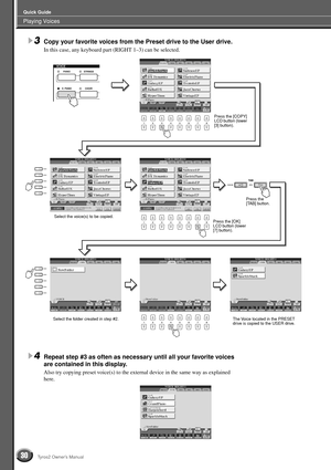 Page 30Playing Voices
Quick Guide
30Tyros2 Owner’s Manual
3Copy your favorite voices from the Preset drive to the User drive.
In this case, any keyboard part (RIGHT 1–3) can be selected.
4Repeat step #3 as often as necessary until all your favorite voices 
are contained in this display.
Also try copying preset voice(s) to the external device in the same way as explained 
here.
Press the [COPY] 
LCD button (lower 
[3] button). 
Press the [OK] 
LCD button (lower 
[7] button). 
The Voice located in the PRESET...