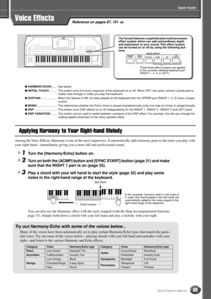 Page 39Quick Guide
39Tyros2 Owner’s Manual
Reference on pages 87, 191Voice Effects
● HARMONY/ECHO....... See below.
● INITIAL TOUCH.......... This button turns the touch response of the keyboard on or off. When OFF, the same volume is produced no 
matter how strongly or softly you play the keyboard.
● SUSTAIN..................... When this feature is ON, all notes played on the keyboard with the UPPER part (RIGHT 1, 2, 3) have a longer 
sustain.
● MONO.......................... This determines whether the...