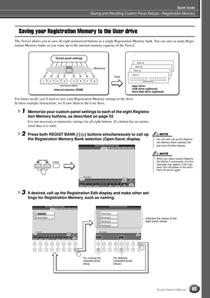 Page 53Saving and Recalling Custom Panel Setups—Registration Memory
Quick Guide
53Tyros2 Owner’s Manual
Saving your Registration Memory to the User drive
The Tyros2 allows you to save all eight memorized buttons as a single Registration Memory bank. You can save as many Regis-
tration Memory banks as you want, up to the internal memory capacity of the Tyros2.
For future recall, you’ll need to save your Registration Memory settings to the drive.
In these example instructions, we’ll save them to the User drive....