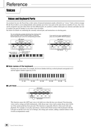 Page 8484Tyros2 Owner’s Manual
Reference
Voices
Voices and Keyboard Parts
As you know by now, the Tyros2 has a wide variety of musical instrument sounds, referred to as “voices.” And, as shown on page 
80, the Tyros2 allows you to independently select and play up to four voice parts at the same time in a number of ways. Any voice 
can be assigned to any part. Since there are four different parts, be careful to conﬁrm which parts are selected, and make sure not 
to confuse one part for another as you select...