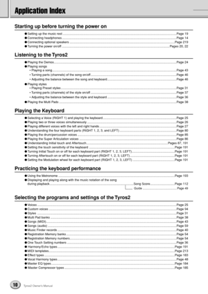 Page 1010Tyros2 Owner’s Manual
Application Index
Starting up before turning the power on
●Setting up the music rest ..................................................................................................................................Page 19
●Connecting headphones ...................................................................................................................................Page 14
●Connecting optional speakers...