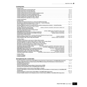 Page 11Application Index
11Owner’s Manual
Creating Data
•Creating a Voice
Creating a Normal Voice in the Voice Edit mode.................................................................................................................................................Page 79
Creating a Drum Voice in the Voice Edit mode....................................................................................................................................................Page 82
Creating a Plug-in Voice in the Voice Edit...