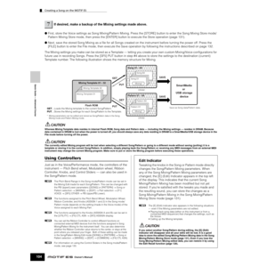 Page 104Creating a Song on the MOTIF ES
104Owner’s Manual
Quick Guide — Advanced Course
●First, store the Voice settings as Song Mixing/Pattern Mixing. Press the [STORE] button to enter the Song Mixing Store mode/
Pattern Mixing Store mode, then press the [ENTER] button to execute the Store operation (page 131). 
●Next, save the stored Song Mixing as a ﬁle for all Songs created on the instrument before turning the power off. Press the 
[FILE] button to enter the File mode, then execute the Save operation by...