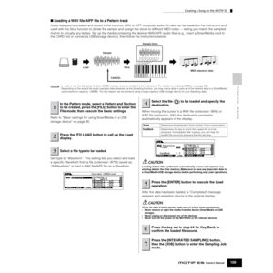 Page 109Quick Guide — Advanced Course
Creating a Song on the MOTIF ES
109Owner’s Manual
■ Loading a WAV ﬁle/AIFF ﬁle to a Pattern track 
Audio data you’ve created and stored in the common WAV or AIFF computer audio formats can be loaded to the instrument and 
used with the Slice function to divide the sample and assign the slices to different MIDI notes — letting you match the sampled 
rhythm to virtually any tempo. Set up the media containing the desired WAV/AIFF audio ﬁles (e.g., insert a SmartMedia card to...
