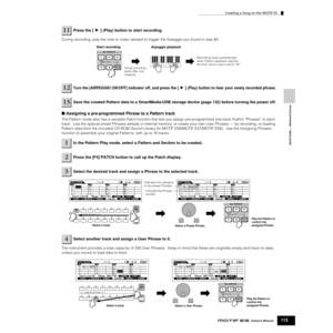 Page 113Creating a Song on the MOTIF ES
113Owner’s Manual
Quick Guide — Advanced Course
During recording, play the note or notes needed to trigger the Arpeggio you found in step #3. 
■ Assigning a pre-programmed Phrase to a Pattern track 
The Pattern mode also has a versatile Patch function that lets you assign pre-programmed one-track rhythm “Phrases” to each 
track.  Use the special preset Phrases already in internal memory, or create your own User Phrases — by recording, or loading 
Pattern data from the...