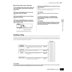 Page 117Quick Guide — Advanced Course
Creating a Song on the MOTIF ES
117Owner’s Manual
■ Converting a Pattern Chain to Song data
The Pattern Chain data is converted to Song data and copied 
to the top measure of the destination Song. 
This operation overwrites any data already existing at the destination 
Song. 
The created Song data resides temporarily in DRAM (page 187). Because 
data contained in DRAM is lost when the power is turned off, you should 
always store any data residing in DRAM to a SmartMedia/USB...