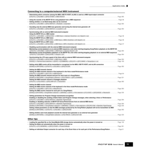Page 13Application Index
13Owner’s Manual
Connecting to a computer/external MIDI instrument
•Determining which connector (among the MIDI, USB TO HOST, mLAN) is used as a MIDI input/output connector
[UTILITY] → [F5] MIDI → [SF4] OTHER → MIDI IN/OUT  .....................................................................................................................................Page 265
•Using the sounds of the MOTIF ES for song playback from a MIDI...
