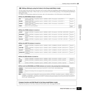 Page 129Creating a Song on the MOTIF ES
129Owner’s Manual
Quick Guide — Advanced Course
Editing a Mixing by using the Knobs (in the Song mode/Pattern mode)
The four knobs at the top left of the instrument can be used to tweak the Song/Pattern Mixing settings as they play (in the 
Song Play/Pattern Play mode).  What’s mode, you can use them to edit the Mixing settings, in the Song Mixing Edit/Pattern 
Mixing Edit modes.
For details on the parameters edited by the knobs, refer to the descriptions in the...