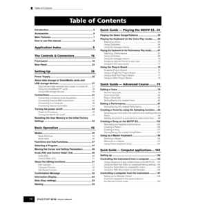 Page 14Table of Contents
14Owner’s Manual
Introduction.................................................................... 6
Accessories ................................................................... 6
Main Features ................................................................ 7
How to use this manual ................................................ 8
Application Index ................................... 9
The Controls & Connectors .................. 16
Front panel...