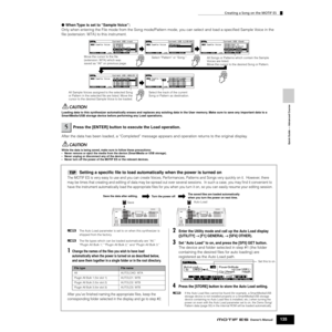 Page 135Quick Guide — Advanced Course
Creating a Song on the MOTIF ES
135Owner’s Manual
●When Type is set to “Sample Voice”: 
Only when entering the File mode from the Song mode/Pattern mode, you can select and load a speciﬁed Sample Voice in the 
ﬁle (extension: W7A) to this instrument.
Loading data to this synthesizer automatically erases and replaces any existing data in the User memory. Make sure to save any important data to a 
SmartMedia/USB storage device before performing any Load operations.
After the...