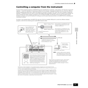 Page 147Quick Guide — Computer applications
Controlling a computer from the instrument
147Owner’s Manual
Controlling a computer from the instrument
As you’ve seen in previous sections, the MOTIF ES can be controlled from a computer.  In this section, we’ll see how it can do the 
opposite — control the operation of music/audio software on the computer.  This powerful feature lets you control two different 
software programs by using knobs, sliders and buttons on the panel of the MOTIF ES, rather than your...