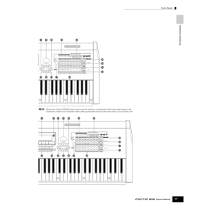 Page 17The Controls & Connectors
Front Panel
17Owner’s Manual
F2SF3SF4SF5
F3F4F5F6
INFORMATIONCOMMONELEMENT / PERF. PART / ZONE FAVORITESDRUM KITS
A. PIANO KEYBOARD ORGAN
PRE 5 PRE 6PRE 1 PRE 2 PRE 3 PRE 4
MUSIC  PRODUCTION  SYNTHESIZERIntegrated Sampling Sequencer  /
Modular  Synthesis Plug-in System  /  Real- time External Control Surface
USER 1GUITAR/
PLUCKED
SYN LEADABCDEFGH
8 7 6 5 4 3 2 1
16
MUTE TRACK
SELECT SECTION
GROUP
NUMBER
CATEGORY
SEARCHBANK
SOLO15 14 12 13 11
10 9
SYN PAD/
CHOIRSYN...