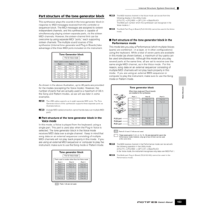 Page 163Internal Structure (System Overview)
163Owner’s Manual
Basic Structure
Part structure of the tone generator block
This synthesizer plays the sounds in the tone generator block in 
response to MIDI messages received from the controller or 
sequencer block. The MIDI messages are assigned to sixteen 
independent channels, and this synthesizer is capable of 
simultaneously playing sixteen separate parts, via the sixteen 
MIDI channels. However, the sixteen-channel limit can be 
overcome by using separate...