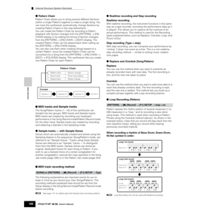 Page 168Basic Structure
Internal Structure (System Overview)
168Owner’s Manual
● Pattern Chain
Pattern Chain allows you to string several different Sections 
(within a single Pattern) together to make a single Song. You 
can have the synthesizer automatically change Sections by 
creating Pattern Chains in this way beforehand. 
You can create the Pattern Chain by recording a Pattern 
playback with Section changes from the [PATTERN] → [F6] 
CHAIN display or by editing the timing of Section changes 
from the...