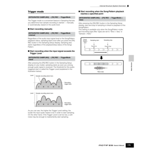 Page 175Internal Structure (System Overview)
175Owner’s Manual
Basic Structure
Trigger mode
The Trigger mode is a convenient feature in Sampling that lets 
you determine how sample recording is started — manually 
or automatically, based on the audio level.  
■ Start recording manually
Regardless of the audio input signal level or the Song/Pattern 
playback status, sampling starts soon after you press the [F6] 
REC button in the Sampling Setup display. Sampling also 
starts regardless of the playback/stop status...