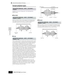 Page 176Basic Structure
Internal Structure (System Overview)
176Owner’s Manual
Sample playback types
Samples can be set to play back in the following three 
different ways.
■ One Shot
When you press a note on the keyboard, the Sample plays 
from beginning to end just once. This type of playback is 
commonly used for drum and percussion sounds.  
■ Loop
This is used primarily to create long continuous sounds, such 
as brass and strings, or instruments with naturally long decay, 
such as piano. An appropriate part...