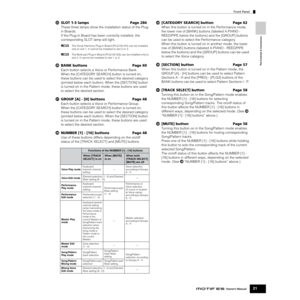 Page 21Front Panel
21Owner’s Manual
The Controls & Connectors
∞SLOT 1-3 lamps Page 284
These three lamps show the installation status of the Plug-
in Boards.
If the Plug-in Board has been correctly installed, the 
corresponding SLOT lamp will light.
nThe Vocal Harmony Plug-in Board (PLG100-VH) can be installed 
only to slot 1. It cannot be installed to slot 2 or 3.
nThe Multi part Plug-in Board (PLG100-XG) can be installed only to 
slot 3. It cannot be installed to slot 1 or 2.
§BANK buttons Page 60
Each button...