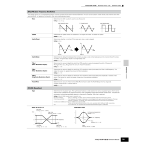 Page 201Reference  Voice Mode
Voice Edit mode    Normal Voice Edit    Element Edit
201Owner’s Manual
[F5] LFO (Low Frequency Oscillator)
This display gives you a comprehensive set of controls over the LFO for each individual Element. The LFO can be used to create vibrato, wah, tremolo and other 
special effects, by applying it to the pitch, ﬁlter and amplitude parameters. 
WaveDetermines the LFO waveform used to vary the sound.
Settings:saw, tri, squ
SpeedDetermines the speed of the LFO waveform. The higher the...