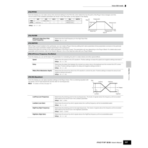 Page 207Reference  Voice Mode
Voice Edit mode
207Owner’s Manual
[F2] PITCH
From this display you can make various time and level settings for the Pitch EG, which determine how the pitch of the Plug-in Voice changes over time. 
The full names of the available parameters are shown in the chart below, as they appear in the display.
[F3] FILTER
HPFCutoff (High Pass Filter 
Cutoff frequency)Determines the Cutoff frequency for the High Pass Filter.
Settings:-64 ~ 0 ~ +63
[F4] NATIVE
With a Plug-in board installed to...