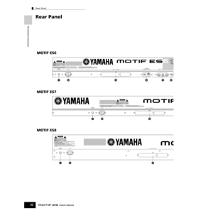 Page 22The Controls & Connectors
Rear Panel
22Owner’s Manual
Rear Panel
BREATH  ASSIGOUT THRU USB
TO HOST TO DEVICE mLAN     I / O  EXPANSIONAC INLET POWER
ON OFFIN MIDI
123465
mLAN     I / O  EXPANSIONAC INLET POWER
ON OFF
123
mLAN     I / O  EXPANSIONAC INLET POWER
ON OFF
123
MOTIF ES6
MOTIF ES7
MOTIF ES8 