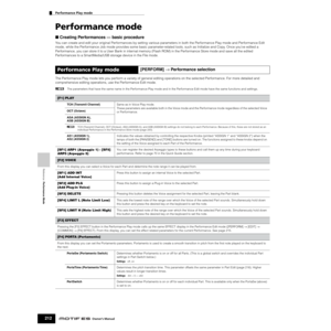 Page 212Reference  Performance Mode
Performance Play mode    
212Owner’s Manual
Performance mode
■ Creating Performances — basic procedure
You can create and edit your original Performances by setting various parameters in both the Performance Play mode and Performance Edit 
mode, while the Performance Job mode provides some basic parameter-related tools, such as Initialize and Copy. Once you’ve edited a 
Performance, you can store it to a User Bank in internal memory (Flash ROM) in the Performance Store mode...